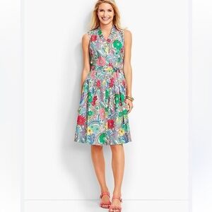 TALBOTS Paisley Floral Fit & Flare Dress Pockets Colorful Coastal Size 10 Petite